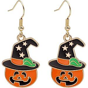 Women Orange Stainless Steel Witch Hat Ghost Halloween Skeleton Spider Earrings